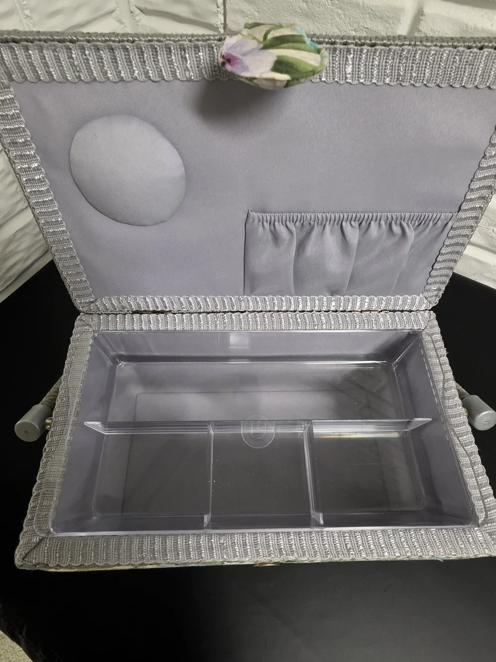Floral Fabric Sewing Basket Rectangle Craft Organizer Box Gray Trim